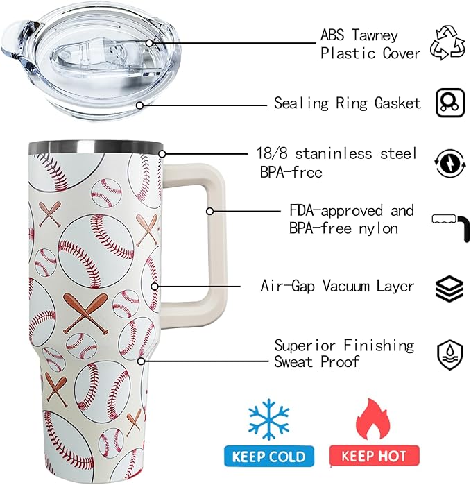 Ceovfoi 40 oz Baseball Coffee Mug Cup Vacuum Insulated Travel Tumbler with Handle Lid and Straw,Baseball Coach Gifts,Baseball Accessories Stuff - Bloomnest