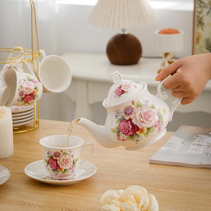 20-Pieces Porcelain Bone china Tea Sets,Gold Rim Coffee Set with Golden Metal Rack,Tea Gift Sets for Home&Party (008) - Bloomnest