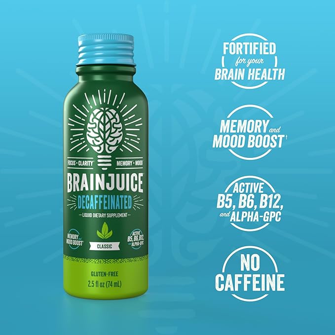BrainJuice Decaf Brain Support Shot, Gluten Free Supplement Shots for Energy & Focus, Healthy Drinks with Alpha GPC, Vitamin B & Decaffeinated Green Tea Leaf, Classic, 2.5 fl oz, 12 Pack - Bloomnest