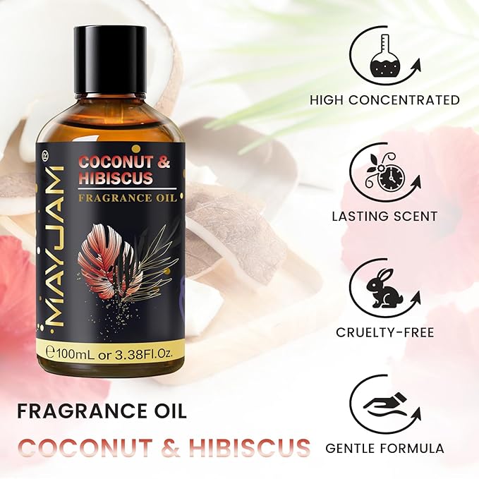 Coconut & Hibiscus Fragrance Oil Essential Oil, MAYJAM 3.38FL.OZ Coconut & Hibiscus Oil for Diffusers for Home, Long Lasting Scented Oils for Soap Candle Making - 100ML MAYJAM