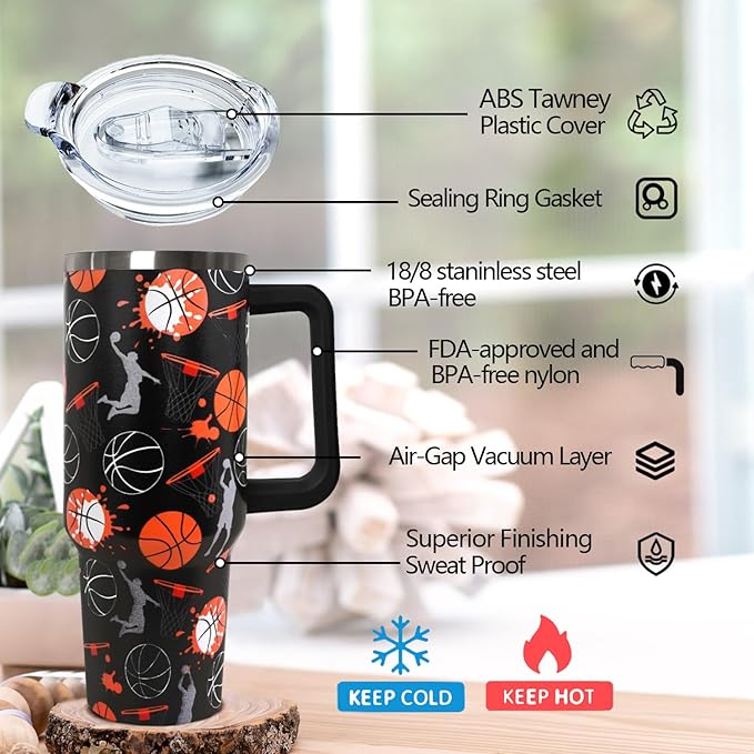 Ceovfoi 40 oz Basketball Coffee Mug Cup Vacuum Insulated Travel Tumbler with Handle Lid and Straw,Basketball Coach Gifts,Accessories Stuff - Bloomnest