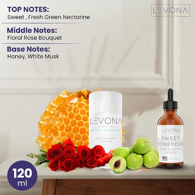 Levona Scent Oil Diffuser Essential Oils: Essential Oils Home Luxury Scents - Sweet Honeydew Essential Oil - Sweet & Fresh Notes of Nectarine and Floral Rose Essential Oil - 120 Ml Fragrance Oils - Bloomnest