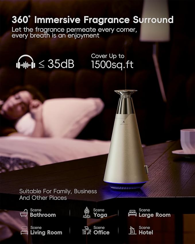 Waterless Scent Diffuser Starter Kit - 1500 Sq Ft Coverage, Alloy Atomization System,Mood Light,Smart Rechargeable Hotel Scent Diffuser, Including 120ml Essential Oil, for Home,Large Room,Spa,Silver - Bloomnest