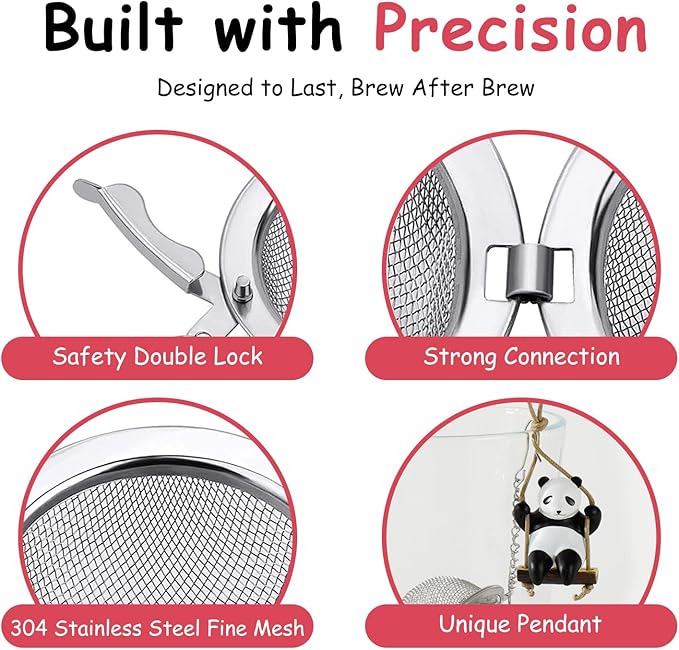 Calico Cat Tea Infuser Set - Adorable Tricolor Kitty Hook, Fine Mesh Loose Leaf Tea Steeper, Stainless Steel, No Mess, 1 Pack (Panda Swinging on Your Teacup)