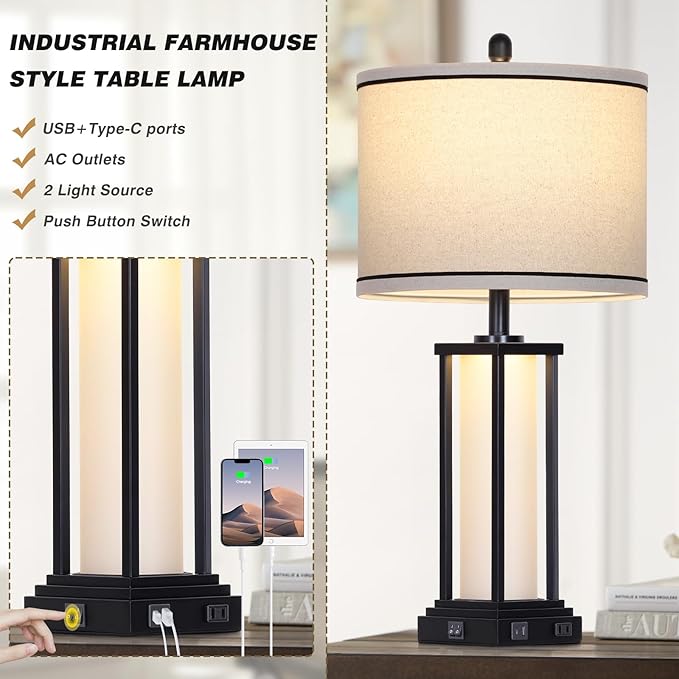 27" Tall Vintage Table Lamp with USB C+A & Outlet,Black Industrial End Table Lamp for Living Room,Farmhouse Rustic Bedside Lamp with Frosted Glass Night Light for Bedroom Nightstand,Black-1P - Bloomnest
