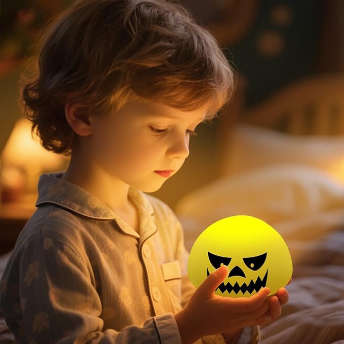 Funny Devil Pumpkin Night Light - Color Changing Half-Sphere Silicone Lamp, Battery Powered, Dimmable Glow for Halloween Christmas Decor, Novelty Gift (Yellow) - Bloomnest