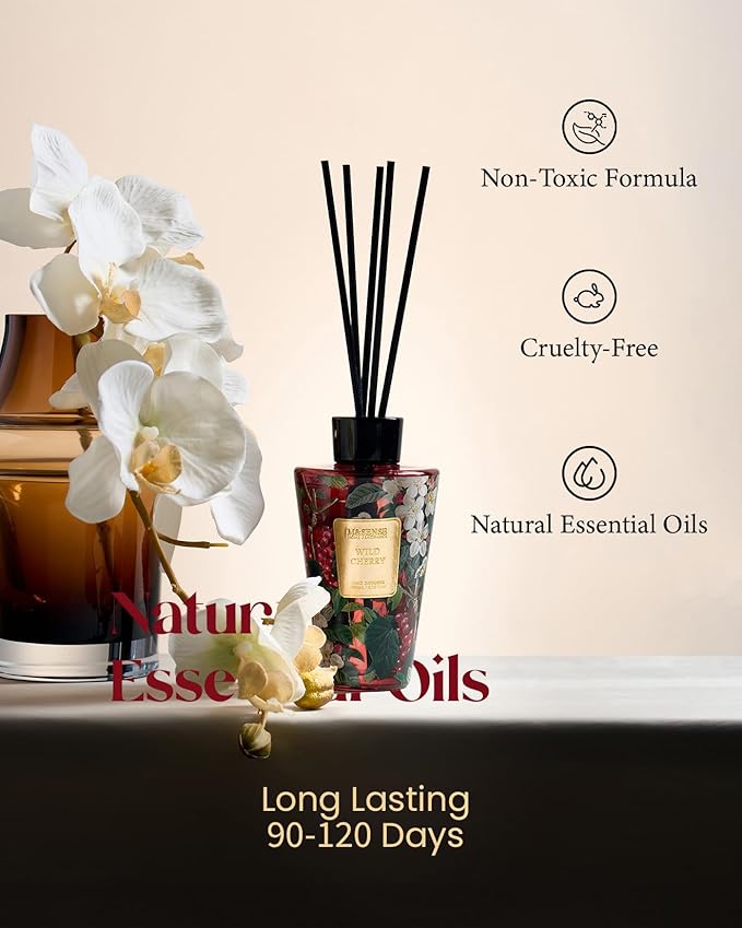 M&SENSE Wild Cherry Reed Diffuser Set - 8.79fl oz Home Fragrance Non-Toxic Natural Bathroom Diffuser with Sticks, Air Freshner Gifts for Bathroom Bedroom Home Decor MSENSE