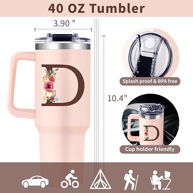 Monogrammed 40oz Tumbler with Handle for Women, Personalized Birthday Gifts for Women,Initial Cups for Woman Floral Letter D,Customized Gifts for Female Lady Gift for Mothers Day Christmas - Bloomnest