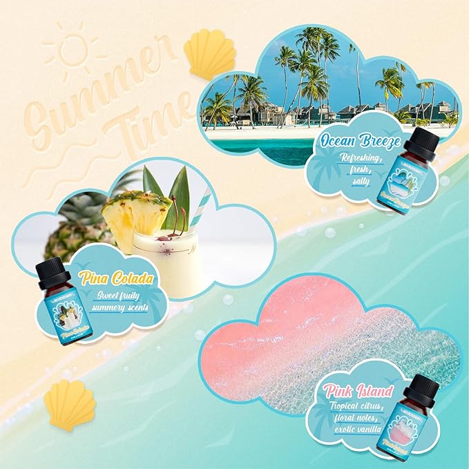 Summer Essential Oils Set, ARVIDSSON Tropical Fragrance Oil for Candle Making, Diffuser Scented Oil - Ocean Breeze, Pina Colada, Fresh Cotton, Pink Island, Plumeria, Coconut - Bloomnest