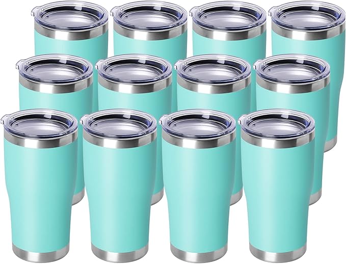 DOMICARE 20oz Tumbler with Lid Stainless Steel Tumblers Bulk, Double Wall Vacuum Insulated Coffee Travel Mug Powder Coated Tumbler, 12 Count (Pack of 1) Light Blue