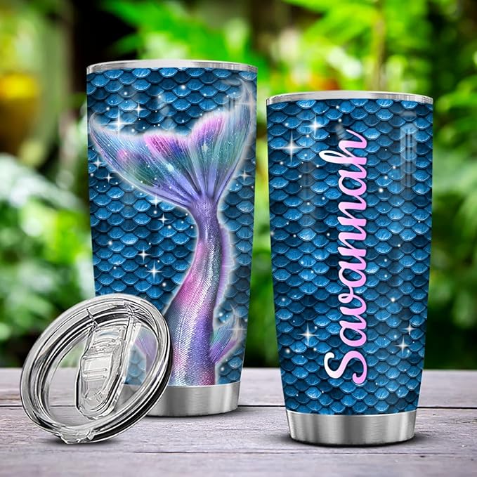 winorax Personalized Mermaid Tumbler Mermaids Tail Pattern Design Tumblers Stainless Steel 20oz 30oz Travel Cups Unique Gifts for Women Girls Kids Birthday Christmas Xmas Presents Idea - Bloomnest