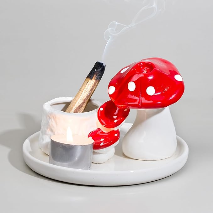 ZenBless 5 in 1 Mushroom Gifts Waterfall Incense and Candle Burner for Burning Sage, Palo Santo, Incense Sticks Backflow Cones,Candle Ceramic Backflow Cone Holder Spiritual Meditation Yoga ZenBless