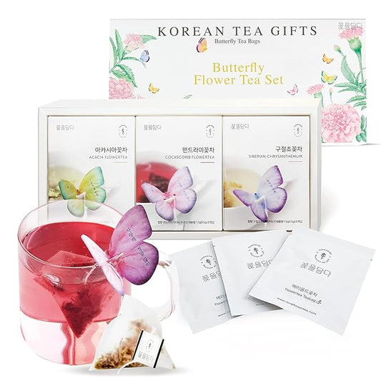 KKOKDAM Korean Tea Gift Set Sampler – 3 Flavor Pink Butterfly Tea Bag Sampler – Elegant Box for Tea Lovers - Perfect as Korean Gifts for Women - Bloomnest