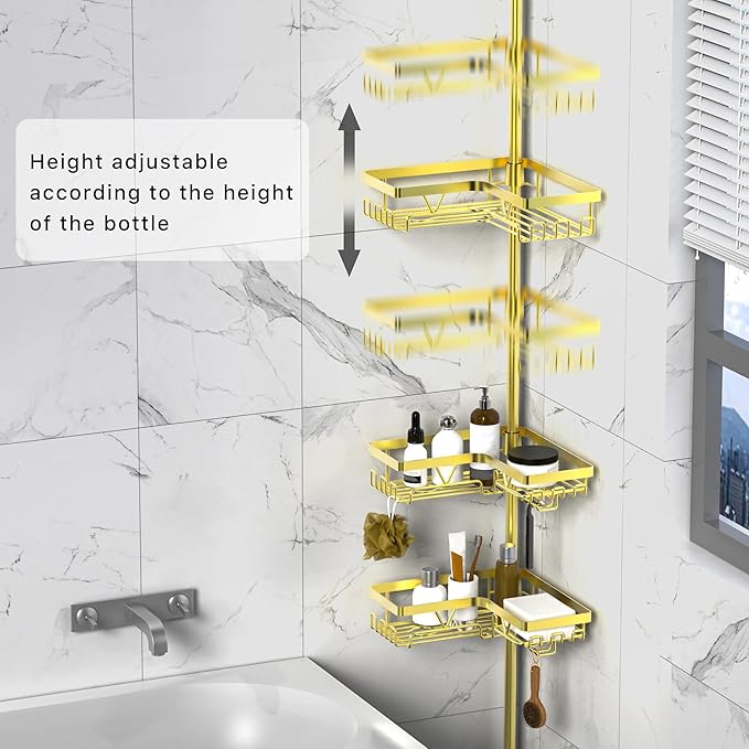KEGII Corner Gold Shower Caddy Tension Pole - 4-Tier Rustproof Shower Rod Organizer, Floor to Ceiling Tension Rod 25-114.2 inch, Stainless Steel Corner Shower Shelf, Waterproof - Bloomnest