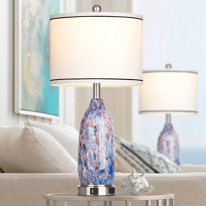 26" Coastal Glass Table Lamps Set of 2 for Living Room, 3 Way Touch Bedside Lamp for Bedroom, Nautical Beachy Lamp with USB A+C Ports and AC Outlet for Nightstand, 2 LED Bulbs Included - Bloomnest