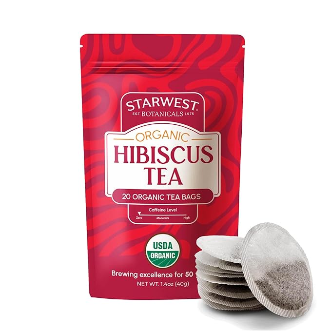 Starwest Botanicals Organic Hibiscus Tea - Caffeine Free Herbal Tea, Tea with Antioxidant Properties, String Free Sachets, USDA Organic Hibiscus Flower, Non GMO - 20 Tea Bags - Bloomnest