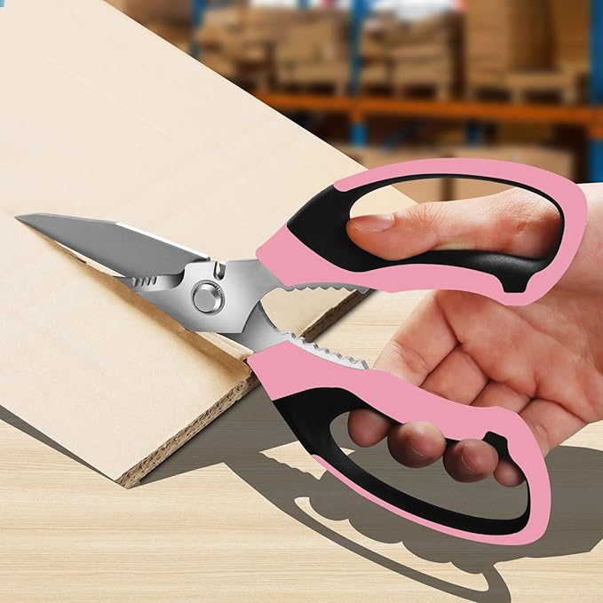 8-Inch Heavy Duty Utility Scissors All Purpose, Serrated Blade, Pink Comfort Grip for Cutting Carpet, Cardboard, Leather, Fabric, Multipurpose Sharp Shears for Kitchen, Garden, Office, Carft - Bloomnest
