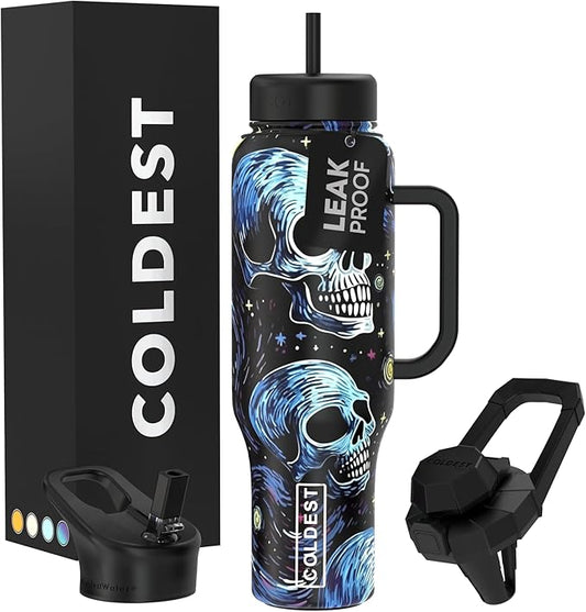 Coldest Tumbler with Handle and Straw, 100% Leak Proof Insulated Tumbler with Lid and Straw (3 Lids), Stainless Steel Tumblers for Women & Men, Cup Holder Friendly Base, 46 oz (Starry Skulls) - Bloomnest