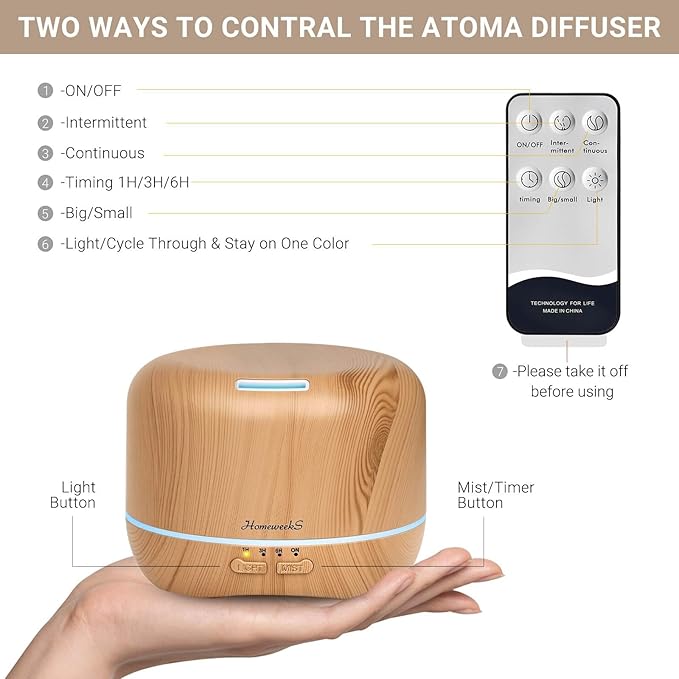 Homeweeks 300ml Essential Oil Diffuser, Quiet Aromatherapy Mist Diffusers for Essential Oils, Wood Grain, Ultrasonic, Remote Control, Timer, 7 Colors Light for Bedroom (300ml Yellow Wood Grain) - Bloomnest