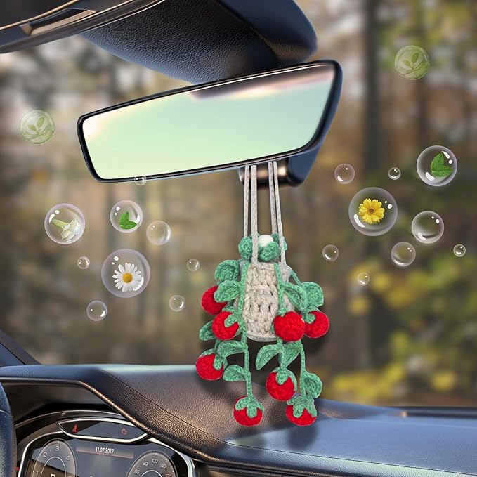 Handmade Crochet Hanging Car Air Freshener - Sweet Cherry Charm with 12ml Refillable Glass Essential Oil Bottle, Cute Car Accessories for Women & Bedroom Floral Decor - Bloomnest