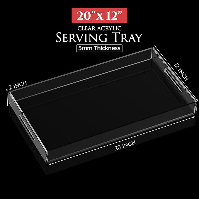 Acrylic Tray 20x12 with Cut Handles - Spill Proof Decorative Tray is an Ideal Countertop Organizer for Living Rooms, Ottoman Coffee Tables, Offices, Kitchens & Serving Guests - Bloomnest