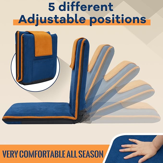 2 Pcs Floor Chair with Back Support Padded Floor Seating Portable Floor Seat Meditation Cushion Adjustable Fully Folding Backrest for Adult Kid Gaming Linen Washable Cover, Nylon Bottom (Blue, Khaki) - Bloomnest