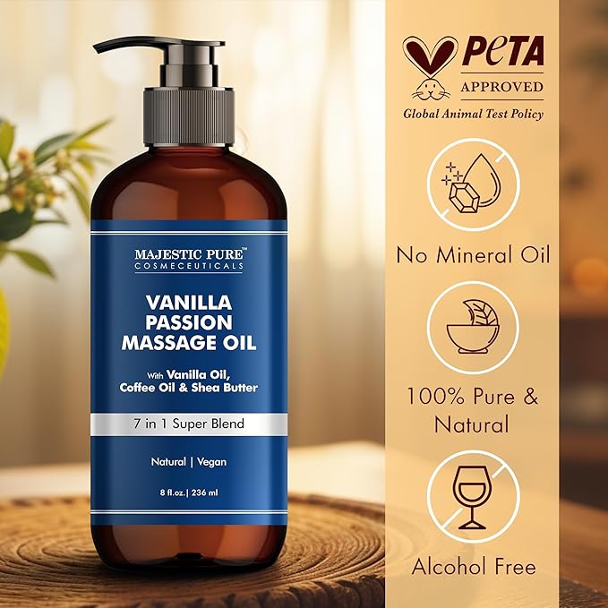 MAJESTIC PURE Vanilla Passion Massage Oil for Massage Therapy - Refreshing, and Relaxing - Natural Oils with Vanilla Oil, Coffee Oil & Shea Butter - for All Skin Types - Men and Women - 8 fl oz - Bloomnest