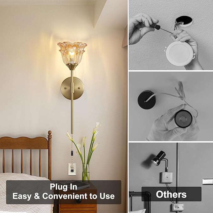 2 Pack Plug in Gold Wall Sconce with Modern Amber Glass Shades, Modern Mid Century Bathroom Vanity Wall Light Fixtures, Industrial Brushed Brass Wall Lamp, for Bedroom Mirror Living Room - Bloomnest