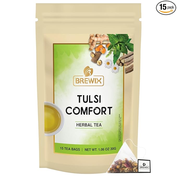 BREWIX Holy Basil Tea Bags (15 Pyramid Tea Bags) | Tee With Tulsi Leaves and Chamomile | Caffeine Free, Calming Herbal Tea With Fresh and Cool Flavor - Bloomnest