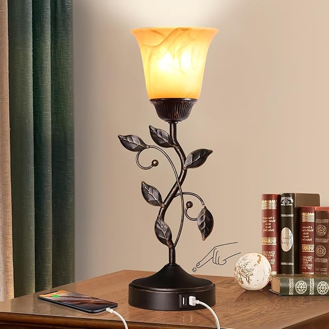 Touch Control Table Lamp with 2 USB Charging Ports, 3-Way Dimmable Bedside Nightstand Lamps, Amber Glass Shade Vintage Rural Leaf Lamp for Living Room, Bedroom, Dresser, LED Bulb Included (Bronze) - Bloomnest