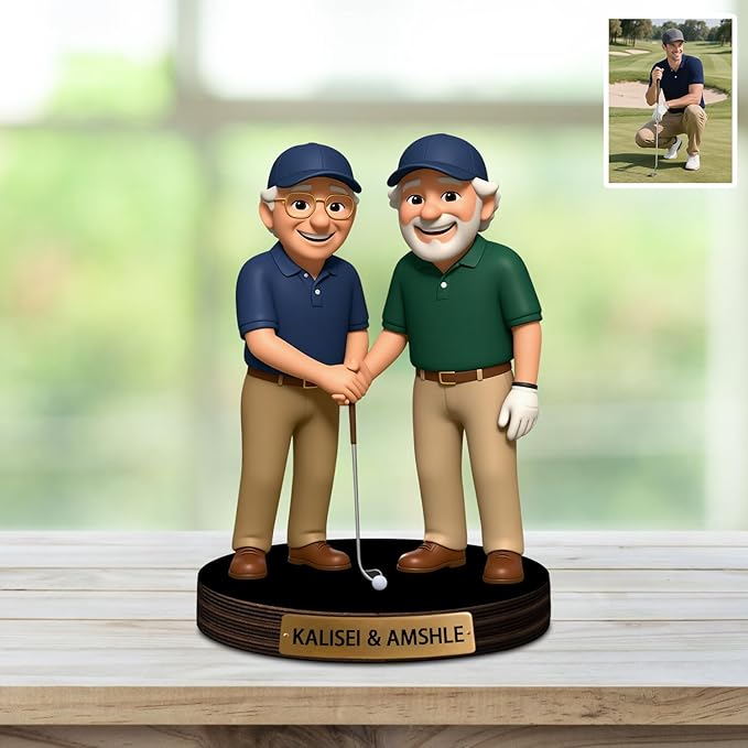 Custom Golf Photo Cartoon Style Desk Decor with Wooden Base, Personalzied Golf Lover Cartoon Photo Picture Portrait Sculpture Frame Acrylic Sign Plaque Gifts for Women Men Couple Family - Bloomnest
