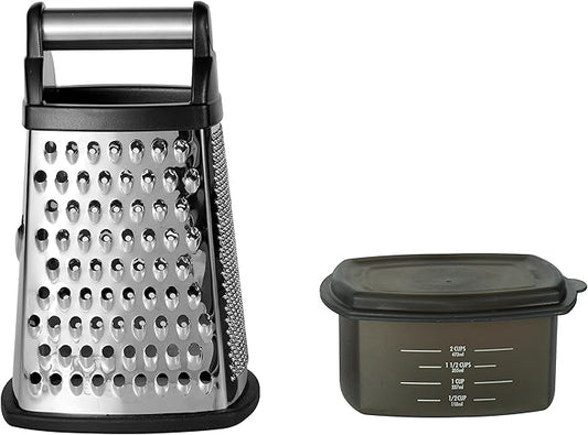 KitchenAid Gourmet 4-Sided Stainless Steel Box Grater for Fine, Medium and Coarse Grate, and Slicing, Detachable 3 Cup Storage Container and Measurment Markings, Dishwasher Safe, 10 inches tall, Black - Bloomnest