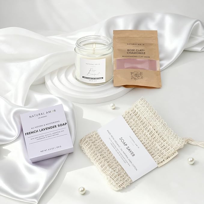Natural Amor 8-Piece Spa Gift Set with Blanket – Self-Care Box with Rose Clay Mask, Bath Bomb, Goat Milk Soap, Candle– Relaxation Gift for Women – Pink Ribbon Blanket - Bloomnest