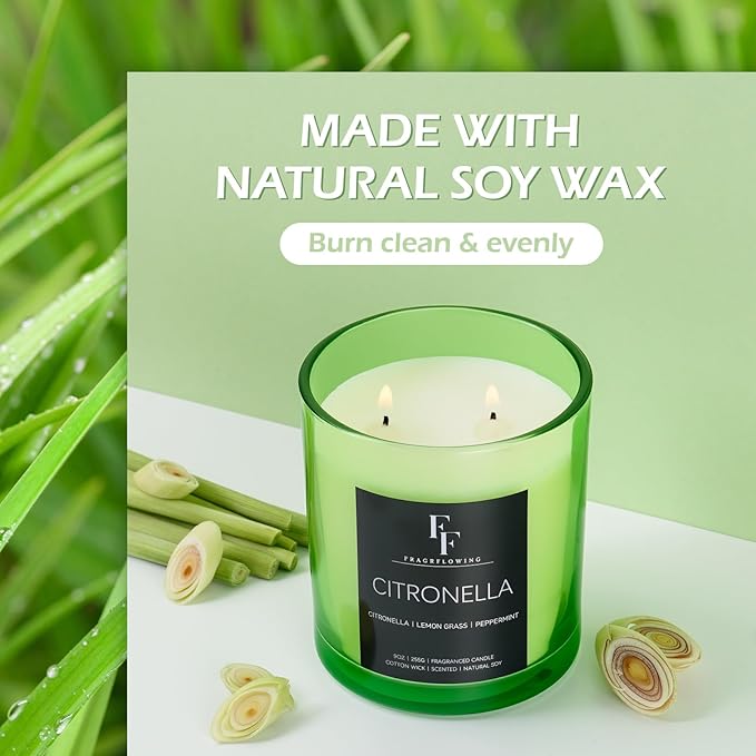 Citronella Candles Outdoor, 2-Wick Outdoor Indoor Scented Candle, Jar Candles for Home Scented, Long Lasting Natural Soy Candle, Summer Scents of Citronella/Lemon Grass/Peppermint, 9 oz - Bloomnest