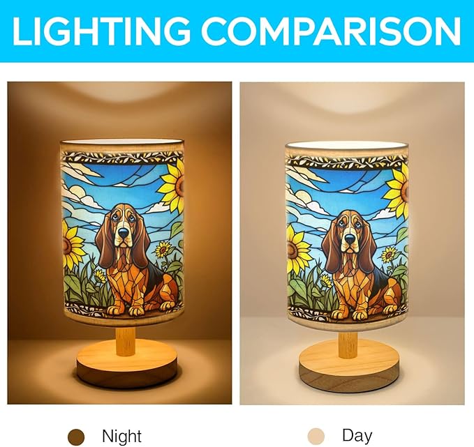 Basset Hound Table Lamp LED 3-Color Pressed Bedside, Dog Shade Lamp with Wood Base for Bedroom Living Room Desk Office - Bloomnest
