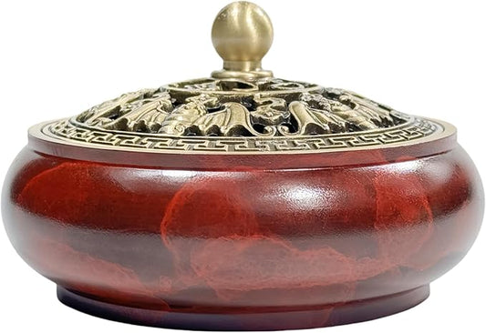 Red Brass Incense Burner with Stick Holder & Fireproof Cotton - Compatible with Cone, Charcoal Disc, Coil Incense | Handcrafted Durable Design for Home Altar, Meditation, Yoga - Bloomnest