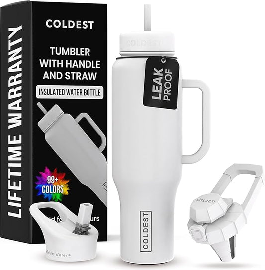 Coldest Tumbler with Handle and Straw - 100% Leak Proof Insulated Tumbler with Lid and Straw (3 Lids) - Stainless Steel Tumblers for Women & Men - Cup Holder Friendly Base, 46 oz (Epic White) - Bloomnest