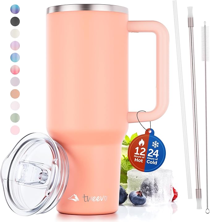 40 oz Tumbler With Handle and Straw Made of Stainless Steel - Double Wall Vacuum Insulated Tumbler With Lid - Sweat Proof Easy Grip, BPA-Free, Dishwasher Safe Tumbler (Peach) - Bloomnest