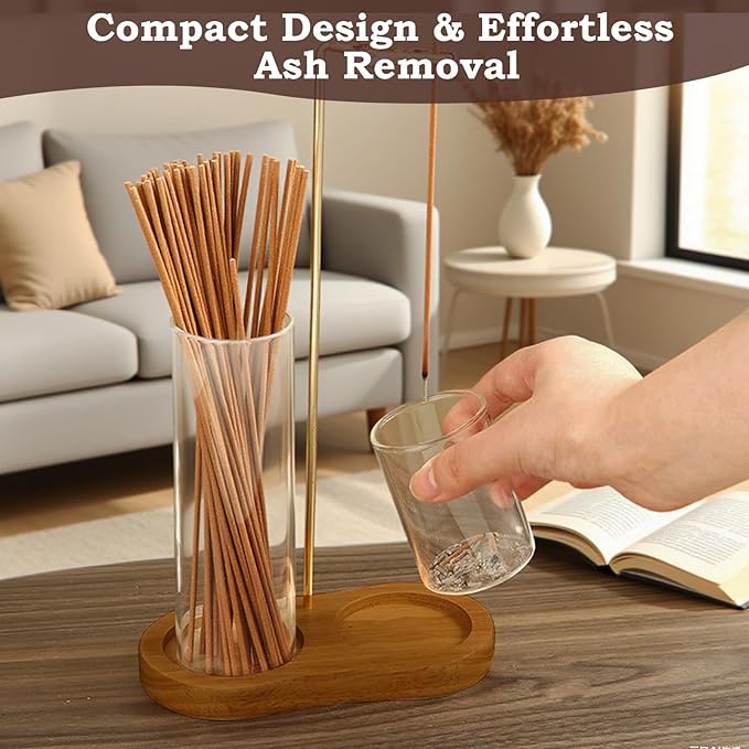 Incense Holder for Sticks, 2 in 1 Incense Burner Holder with Glass Ash Storage and Incense Sticks Organizer, Incense Holder for Meditation Yoga Spa Indoor Outdoor Decor