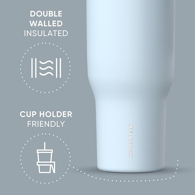 Hydrapeak Voyager 40 Oz Stainless Steel Tumbler with Handle, Insulated Water Bottle With Straw & Lid, Cupholder Friendly Reusable Travel Mug (Powder Blue) - Bloomnest