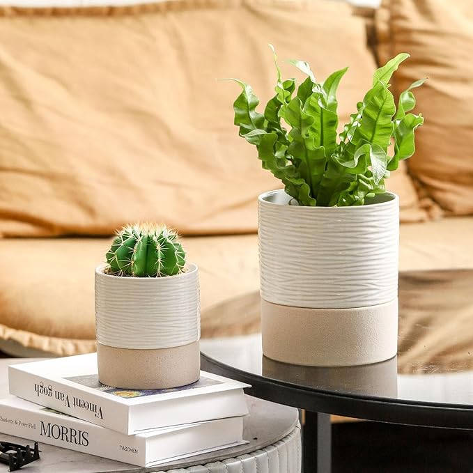 Nihow Self Watering Plant Pot for Indoor Plants: 4.5+6 Inch Ceramic Planter with Drainage Hole & Water Storage Plus - Cylinder Flower Pot with Wick for Herbs -White & Brown - Bloomnest