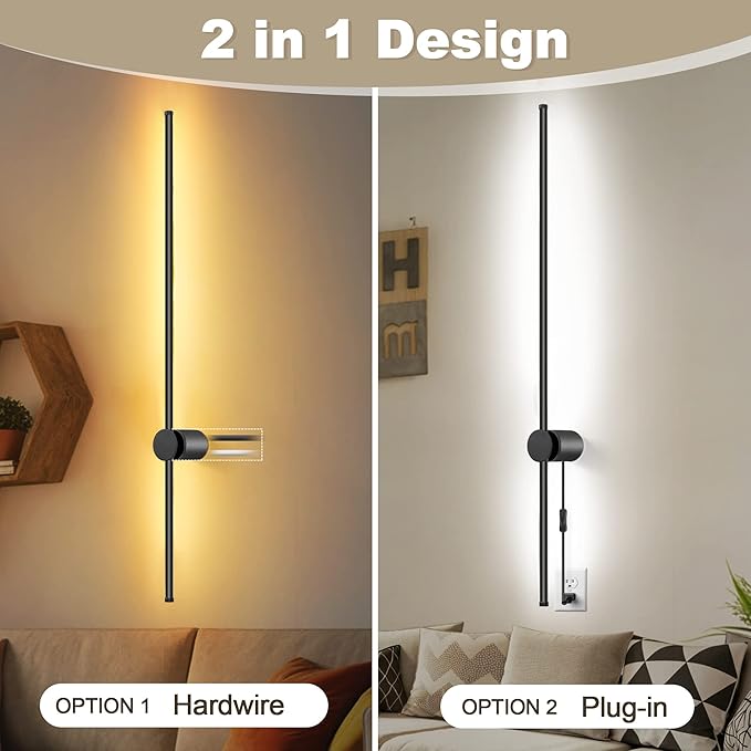 Wall Sconces Set of Two with Remote, Stepless Colors 3000K-6500K & Stepless Dimming, Hardwire or Plug-in, 180° Rotate, LED Black Plug in Wall Sconces with Timer & Night Light, 39.4 Inches - Bloomnest