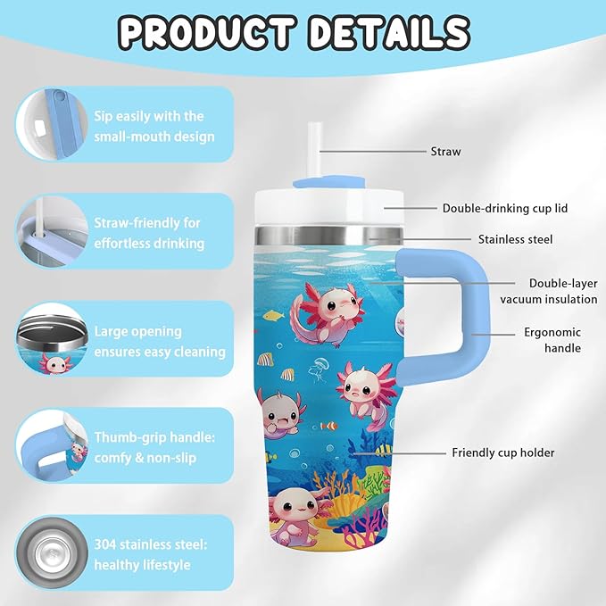 Axolotl Gifts for Girls - 14oz Blue Kids Axolotl Tumbler with Handle and Straw, Stainless Steel Insulated Water Cup, for Sport, School, Travel - Axolotl Lovers Gift for Children Birthday Gift Cup(1pc) - Bloomnest