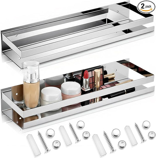 Lallisa 2 Pieces Stainless Steel Shelf Bathroom Shower Floating Shelves Wall Mounted Shower Caddy Basket Shelf Storage Organizer Shelves for Bathroom, Kitchen, Living Room (15.75 Inch/ 40 cm,Shiny) - Bloomnest
