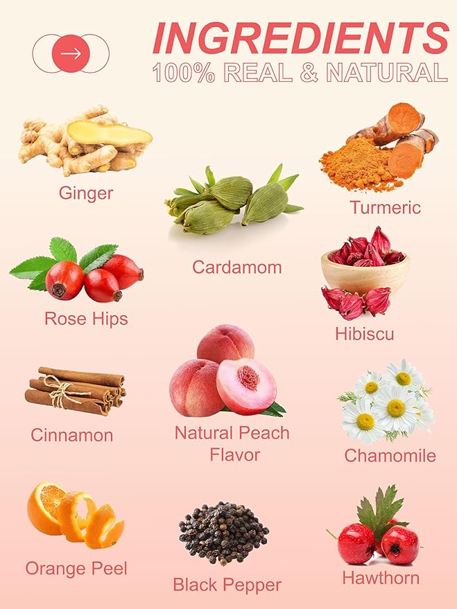 TeeLux Ginger Peach Turmeric Tea Bags, Warm Ginger with Tart Hibiscus & Soothing Chamomile, Tart & Sweet Flavor, Caffeine Free, 100 Count - Bloomnest