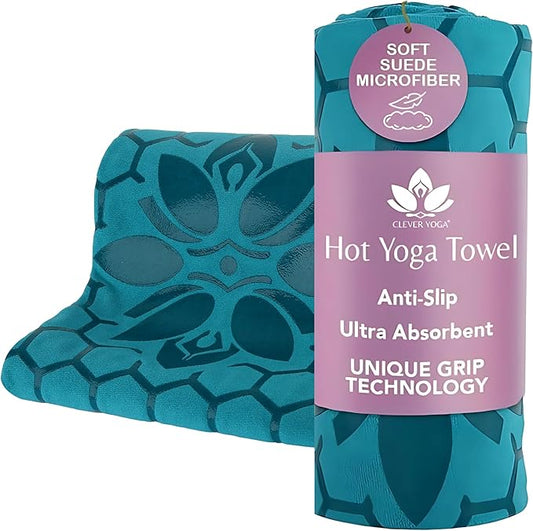 Clever Yoga Hot Yoga Mat Towel – Non-Slip Grip for Hot Yoga, Sweat Absorbent, Honeycomb Silicone Grip, Stays Flat – Ideal for Pilates, Travel, Washable & Lightweight - Turquoise