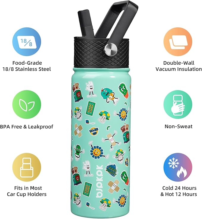 BJPKPK Insulated Water Bottle with Straw Lid, 18 oz Stainless Steel Metal Water Bottles, Reusable Leak Proof BPA Free Water Bottles, Cups, Thermo, Spring Party-Green - Bloomnest