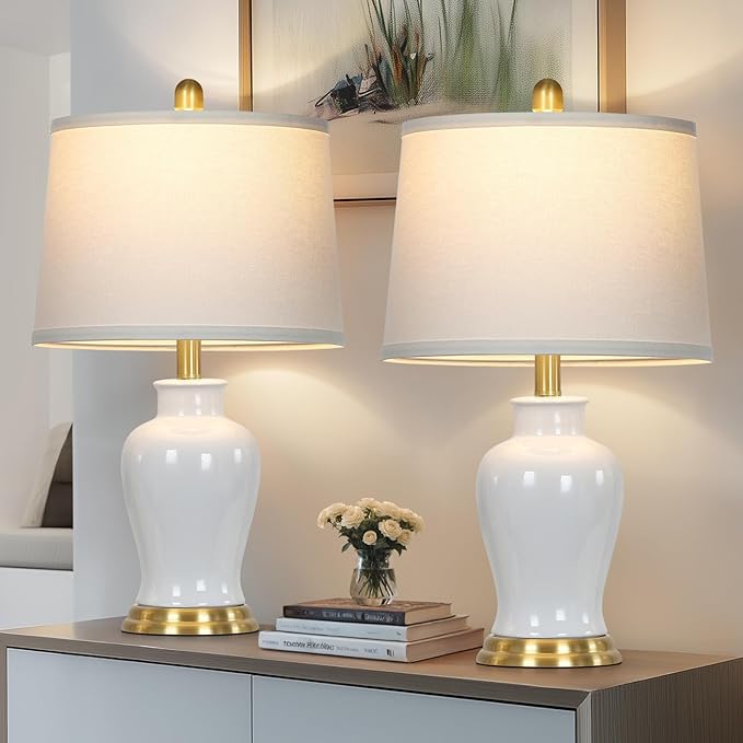 White Ceramic Table Lamps Set of 2, 23" Modern Ceramic Bedside Lamps with Ginger Jar Design, Farmhouse Lamp for Living Room End Table, Elegant Bedroom Lamp for Nightstand Desk Side Home Decor - Bloomnest