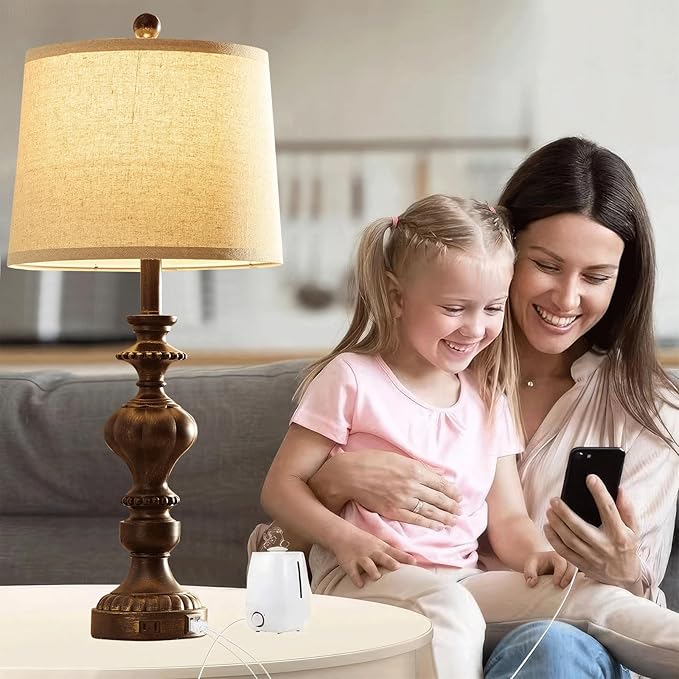 27.5" Farmhouse Table Lamps Set of 2 Bedside Nightstand Lamp with USB C+A Ports & AC Outlet, 3 Way Dimmable Touch Lamps for Bedroom Living Room Office Rustic Lamp (Rotary Switch-Copper) - Bloomnest