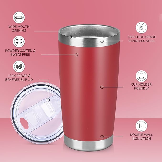 20 oz Tumbler Stainless Steel Tumblers Bulk with Lid Double Wall Insulated Coffee Tumbler Cups for Hot & Cold Drinks Powder Coated Travel Coffee Tumbler Mug Metal (Red, 1 pack) - Bloomnest
